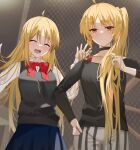  2girls ahoge alternate_hairstyle bangs black_choker black_shirt blonde_hair bocchi_the_rock! bow bureoeve chain-link_fence choker closed_mouth collared_shirt fence hair_down hairstyle_switch highres ijichi_nijika ijichi_seika long_hair long_sleeves multiple_girls open_mouth pants ponytail red_bow red_eyes school_uniform shirt siblings side_ponytail sidelocks sisters smile striped striped_pants vertical_stripes very_long_hair white_shirt 