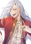  1boy bangs cst earrings grey_eyes hand_up highres jacket jewelry kokonoi_hajime long_hair long_sleeves looking_at_viewer male_focus necklace open_clothes open_jacket open_mouth pearl_necklace red_jacket ring single_earring smile solo teeth tokyo_revengers tongue tongue_out tsurime upper_body white_background white_hair 