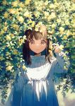  1girl bangs brown_eyes brown_hair dress flower hanamoto hand_up highres long_hair long_sleeves looking_at_viewer open_mouth original outdoors plant solo upper_body white_dress wide-eyed 