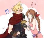  !? 1boy 1girl armor artist_name bangle bangs bare_shoulders blonde_hair blue_shirt blush bracelet braid braided_ponytail breasts brown_gloves brown_hair clawed_gauntlets cloak cowboy_shot dated dress final_fantasy final_fantasy_vii fingerless_gloves gloves green_eyes hair_between_eyes hair_ribbon holding_hands jewelry kingdom_hearts krudears long_hair looking_at_another medium_breasts official_alternate_costume open_mouth parted_bangs parted_lips pink_background pink_dress purple_belt red_cloak red_ribbon ribbon shirt short_hair shoulder_armor sidelocks sleeveless sleeveless_dress sleeveless_turtleneck sweatdrop toned toned_male turtleneck 