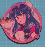  1girl bell blush_stickers breasts food hair_bell hair_ornament highres looking_at_viewer menma_(enaic31) noodles open_mouth purple_hair ramen ranma_1/2 red_eyes retro_artstyle shampoo_(ranma_1/2) solo 