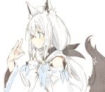  1girl abara_heiki ahoge animal_ear_fluff animal_ears bangs blue_eyes blush detached_sleeves fox_ears fox_shadow_puppet fox_tail from_side hololive long_hair long_sleeves looking_away open_mouth profile ribbon-trimmed_sleeves ribbon_trim shirakami_fubuki simple_background solo tail virtual_youtuber white_background white_hair 