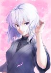  1girl arm_up bangs black_shirt cherry_blossoms grey_kimono grin hair_between_eyes highres japanese_clothes kaijin-m kimono long_hair looking_at_viewer original shirt short_sleeves smile solo spring_(season) straight_hair upper_body violet_eyes white_hair 