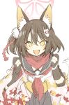  1girl :d abara_heiki animal_ear_fluff animal_ears bangs black_hair blue_archive blue_sailor_collar fang fox_ears fox_hair_ornament fox_tail gloves hair_between_eyes halo highres izuna_(blue_archive) looking_at_viewer neckerchief one_side_up partially_fingerless_gloves red_neckerchief red_scarf sailor_collar scarf simple_background smile solo tail white_background yellow_eyes 
