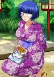  1girl :o alternate_costume bangs blue_hair blunt_bangs bob_cut day eyepatch floral_print food green_eyes holding ikkitousen japanese_clothes kimono long_sleeves mole mole_under_mouth open_mouth outdoors print_kimono purple_kimono ryomou_shimei shiny shiny_hair short_hair solo squatting straight_hair wide_sleeves 