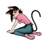  1girl absurdres animal_ears apron black_apron black_hair cat_ears cat_feet cat_tail chainsaw_man collared_shirt gurumo_(twitter) hair_ornament hairclip higashiyama_kobeni highres hunched_over kneeling looking_at_viewer looking_back mole mole_under_eye mole_under_mouth multiple_moles nyan pink_shirt seiza shirt short_ponytail simple_background single_sidelock sitting solo tail waist_apron white_background 