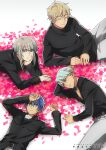  4boys aqua_eyes artist_name bangs belt black_belt black_shirt blonde_hair blue_eyes blue_hair cioccolatodorima circle_formation closed_eyes closed_mouth collared_shirt commentary cowboy_shot english_commentary feet_out_of_frame grey_hair grey_shirt hair_between_eyes hair_ornament hand_on_own_head jupiter_(planetary_moe) light_blue_hair looking_at_viewer looking_away lying male_focus multiple_boys neptune_(planetary_moe) on_back on_side on_stomach open_collar pants petals planetary_moe saturn_(planetary_moe) shirt short_hair short_hair_with_long_locks smile star-shaped_pupils star_(symbol) symbol-shaped_pupils turtleneck upper_body uranus_(planetary_moe) violet_eyes white_background white_pants x_hair_ornament 