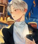 1boy bangs black_jacket cellphone character_request commentary copyright_request green_eyes grey_hair highres holding holding_phone jacket jewelry male_focus necklace night open_mouth outdoors pennant phone seodae_7810 shirt short_hair solo string_of_flags turtleneck upper_body white_shirt 
