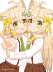  2girls absurdres ahoge animal_ear_fluff animal_ears arm_up bangs blonde_hair blush bow brown_skirt cat_ears cat_girl cheek-to-cheek closed_mouth collared_shirt commentary_request fang fish_hair_ornament flat_chest from_side green_eyes green_necktie hair_bow hair_ornament hairclip happy hazakura_hinata heads_together heterochromia highres hug long_hair long_sleeves looking_at_viewer multiple_girls necktie open_mouth original outstretched_arm plaid plaid_skirt pleated_skirt school_uniform shiny shiny_hair shirt shirt_tucked_in short_hair siblings sidelocks simple_background sisters skin_fang skirt smile split_mouth standing suspender_skirt suspenders twins upper_body v white_background white_shirt yellow_bow yellow_eyes 