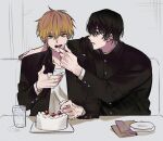  2boys bangs black_hair black_jacket blonde_hair cake chainsaw_man commentary cup denji_(chainsaw_man) ear_piercing earrings eating food food_on_face food_on_hand fruit grey_background hair_between_eyes jacket jewelry long_sleeves looking_at_another male_focus mole mole_under_mouth multiple_boys multiple_earrings open_clothes open_jacket open_mouth piercing plate shirt short_hair simple_background sitting strawberry table upper_body white_shirt xxxx_owo_x yellow_eyes yoshida_hirofumi 