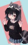  1girl alternate_costume animal_ears black_hair black_sweater blue_sky blush cake_print claw_pose collar commentary_request common_raccoon_(kemono_friends) cowboy_shot fang frilled_collar frills grey_hair highres kemono_friends long_sleeves multicolored_hair nanana_(nanana_iz) open_mouth plaid plaid_skirt pleated_skirt raccoon_ears raccoon_girl raccoon_tail short_hair skirt sky solo sweater tail two-tone_hair 