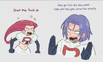  1boy 1girl absurdres angry black_gloves clenched_hands earrings elbow_gloves english_text gloves hands_up highres james_(pokemon) jessie_(pokemon) jewelry kiana_mai long_hair pokemon purple_hair redhead team_rocket team_rocket_uniform 