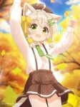  1girl absurdres ahoge animal_ear_fluff animal_ears arms_up artist_name autumn autumn_leaves bangs beret blue_sky blurry blurry_background blush bow brown_headwear brown_skirt buttons cat_ears cat_girl cat_tail clouds collared_shirt commentary_request cowboy_shot day fang fish_hair_ornament flat_chest green_eyes green_necktie hair_bow hair_ornament hairclip happy hat hazakura_hinata heterochromia highres holding holding_leaf leaf long_sleeves looking_at_viewer miniskirt necktie open_mouth orange_background original outdoors plaid plaid_headwear plaid_skirt pleated_skirt school_uniform shiny shiny_hair shirt shirt_tucked_in sidelocks signature skin_fang skirt sky smile solo standing suspender_skirt suspenders tail thighs white_shirt yellow_bow yellow_eyes 