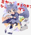  2boys :3 :d animal_ears artist_name bangs bkub_(vtuber) black-framed_eyewear black_bow blue_eyes blue_footwear blue_hair blue_shirt blue_shorts blue_tail bow bowtie commentary_request controller dual_persona duckman fune_(2oo82) game_console game_controller glasses green_eyes grey_hair highres holding holding_controller holding_game_controller indie_virtual_youtuber male_focus midair multicolored_hair multiple_boys no_pupils open_mouth original over-kneehighs round_eyewear school_uniform shirt short_eyebrows shorts single_wrist_cuff smile socks sparkle swept_bangs teeth thigh-highs translation_request upper_teeth_only virtual_youtuber voice_actor_connection white_socks wrist_cuffs 