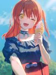  1girl ;d bangs blue_dress blurry blurry_background bocchi_the_rock! choker collarbone day dekalco depth_of_field dress food hair_between_eyes hand_up highres holding holding_food ice_cream kita_ikuyo long_hair looking_at_viewer one_eye_closed one_side_up open_mouth outdoors puffy_short_sleeves puffy_sleeves red_bag redhead ribbon-trimmed_choker short_sleeves smile soft_serve solo yellow_eyes 