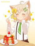  1girl :t ^_^ absurdres ahoge animal_ear_fluff animal_ears bangs blonde_hair blush bow brown_skirt buttons cat_ears cat_girl chewing closed_eyes closed_mouth collared_shirt commentary_request cream eating fish_hair_ornament food fork fruit gradient gradient_background green_necktie hair_bow hair_ornament hairclip hand_on_own_cheek hand_on_own_face hands_up happy hazakura_hinata highres holding holding_fork long_sleeves mint necktie original pancake pancake_stack plaid plaid_skirt plate raised_eyebrows school_uniform shiny shiny_hair shirt shirt_tucked_in short_hair sidelocks simple_background skirt smile solo sparkle split_mouth strawberry suspender_skirt suspenders syrup table white_shirt yellow_background yellow_bow 
