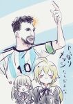  1boy 2022_fifa_world_cup 2girls :d ^_^ ahoge amano_soraha argentina argentinian_flag arm_at_side arm_up armband assault_lily bangs beard black_hair black_ribbon blonde_hair blush buttons closed_eyes closed_mouth commentary_request cropped_jacket cropped_torso egawa_kusumi facial_hair facing_viewer flag_background grey_hair hand_on_own_chest hand_up hands_up heart highres index_finger_raised jersey juliet_sleeves lionel_messi long_sleeves looking_away low_ponytail multiple_girls mustache neck_ribbon open_mouth own_hands_together palms_together ponytail puffy_sleeves real_life ribbon sato_(310hare) school_uniform shirt short_sleeves sketch smile soccer_uniform sportswear striped striped_shirt translation_request upper_body vertical-striped_shirt vertical_stripes white_background white_shirt world_cup yurigaoka_girls_academy_school_uniform 