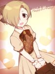  1girl :d argyle argyle_bow argyle_dress artist_name bag birthday blonde_hair bow breasts brown_background brown_bow brown_dress brown_eyes buttons commentary cowboy_shot dated double-breasted dress dress_bow dutch_angle hair_bow hair_over_one_eye happy_birthday heart holding holding_bag idolmaster idolmaster_cinderella_girls jurjuly looking_at_viewer open_mouth school_bag shirasaka_koume short_hair small_breasts smile solo twitter_username two-tone_background v_arms very_short_hair white_wrist_cuffs wrist_cuffs yellow_background 
