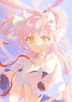  1girl absurdres bangs blue_background choker gloves goddess_madoka highres kaname_madoka long_hair looking_at_viewer magical_girl mahou_shoujo_madoka_magica orange_eyes own_hands_clasped own_hands_together peachuu pink_hair ribbon sketch smile solo twintails upper_body white_choker white_gloves white_ribbon 