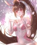  1girl animal_ears armband braid brown_hair bug butterfly closed_mouth douluo_dalu dress hand_on_own_chest highres long_hair pink_dress pink_eyes rabbit_ears smile snow solo upper_body xiao_5_de_li_wu_jiang xiao_wu_(douluo_dalu) 