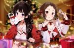  2girls alternate_costume bangs black_hair box breasts brown_hair chitanda_eru gift gift_box holding hyouka ibara_mayaka indoors jacket large_breasts long_hair looking_at_viewer mery_(yangmalgage) multiple_girls red_jacket short_hair smile table violet_eyes 