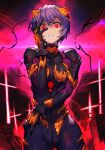 1girl ayanami_rei bangs black_bodysuit black_gloves blue_hair bodysuit breasts commentary constricted_pupils cosplay cowboy_shot cross energy_wings english_commentary frown gloves glowing glowing_eyes godzilla_(series) hair_between_eyes hand_on_hip hand_on_own_face hand_on_own_leg hand_over_face hankuri interface_headset king_ghidorah king_ghidorah_(cosplay) looking_at_viewer neon_genesis_evangelion parted_lips pilot_suit pink_background plugsuit red_eyes shaded_face short_hair small_breasts solo standing teeth thigh_gap wide-eyed