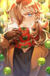  1boy 86ch absurdres arven_(pokemon) bauble blush breath brown_gloves brown_jacket buttons christmas commentary_request gloves green_eyes hand_up highres jacket long_hair long_sleeves male_focus pokemon pokemon_(game) pokemon_sv scarf shirt signature solo sweater upper_body 