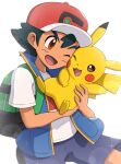  1boy ;d ash_ketchum backpack bag bangs baseball_cap blue_jacket blurry brown_eyes commentary_request gonzarez green_bag hat highres holding holding_pokemon jacket male_focus one_eye_closed open_mouth pikachu pokemon pokemon_(anime) pokemon_(creature) pokemon_journeys red_headwear shirt short_sleeves shorts sleeveless sleeveless_jacket smile sparkle t-shirt white_shirt 