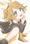  1girl :d bangs blonde_hair blush blush_stickers bow detached_sleeves from_behind green_eyes hair_bow hair_ornament hairband hairclip hand_on_own_cheek hand_on_own_face highres kagamine_rin long_sleeves looking_at_viewer looking_back neckerchief open_mouth parted_bangs sailor_collar shirt short_hair sleeveless sleeveless_shirt smile solo vocaloid yakkl 