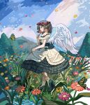  1girl absurdres angel_wings blush bug butterfly closed_mouth day flower green_footwear grey_eyes grey_hair head_wreath high_heels highres looking_at_viewer mituhati original outdoors short_hair smile socks solo white_socks wings 