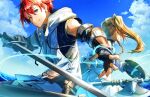 1boy 1girl adol_christin axe back-to-back battle_axe buckle character_request copyright_request fingerless_gloves gloves grey_eyes holding holding_axe holding_sword holding_weapon hood hoodie hwhh looking_at_viewer redhead sword twintails weapon ys 