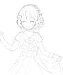  1girl ^_^ bangs character_request closed_eyes collarbone dress flower greyscale grin hair_between_eyes hair_flower hair_ornament highres monochrome short_sleeves simple_background sketch smile solo white_background xuu_shi_times yuusha_de_aru 