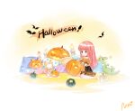  1boy 1girl bangs blush brown_eyes candle candlelight cat chinese_commentary commentary_request cushion doll dragon fire halloween halloween_costume long_hair momo_(miracle_nikki) nikki_(miracle_nikki) official_art on_ground open_mouth parted_lips pink_hair pumpkin shining_nikki signature sitting smile yellow_cloak 