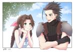 1boy 1girl aerith_gainsborough armor bangs bare_shoulders black_gloves black_hair blue_eyes blue_sky blush braid braided_ponytail brown_hair closed_mouth clouds cloudy_sky couple crisis_core_final_fantasy_vii cross_scar crossed_arms day dress earrings final_fantasy final_fantasy_vii gloves green_eyes hair_ribbon hands_on_own_chin height_difference highres jewelry kt9_ct leaf long_hair looking_at_another open_mouth outdoors parted_bangs pink_ribbon ribbon scar scar_on_cheek scar_on_face shoulder_armor sky sleeveless sleeveless_dress smile spiky_hair sweater turtleneck turtleneck_sweater upper_body zack_fair 