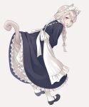  1girl animal_ears apron black_dress black_footwear blush braid cat_ears cat_girl cat_tail character_request clothes_lift commentary_request copyright_request dress e_(eokiba) frilled_apron frilled_dress frills full_body grey_background grey_hair highres long_hair long_sleeves looking_at_viewer maid maid_apron maid_headdress open_mouth puffy_long_sleeves puffy_sleeves shoes single_braid socks solo standing tail tail_raised violet_eyes waist_apron white_apron white_socks 