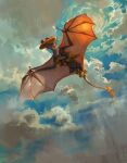  baguette bat_wings bread clouds cloudy_sky devin_elle_kurtz doughnut dragon english_commentary flying food highres holding holding_with_tail mouth_hold no_humans original prehensile_tail sky tail western_dragon wings 