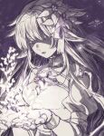  1girl arch_bishop_(ragnarok_online) artist_name bangs closed_eyes commentary cross dated dress flower greyscale hair_flower hair_ornament juliet_sleeves leaf lips long_hair long_sleeves monochrome open_mouth palms pointy_ears puffy_sleeves ragnarok_online solo symbol-only_commentary tokio_(okt0w0) upper_body 