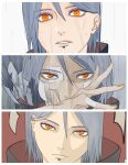  1girl artist_name bangs blue_hair closed_mouth flower hair_bun hair_ornament highres konan_(naruto) koten_(ameten570) looking_at_viewer naruto naruto_(series) naruto_shippuuden orange_eyes orange_nails paper rain red_background short_hair single_hair_bun solo split_image 