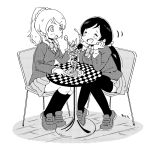  2girls :o ^_^ ^o^ arm_rest ayase_eli bangs between_fingers blazer blush bow bowtie closed_eyes dessert dot_nose eating elbow_rest facing_another food full_body greyscale hair_ornament hair_scrunchie halftone hand_up happy head_rest holding holding_spoon jacket karaagetarou kneehighs knees_together_feet_apart legs_together loafers long_hair long_sleeves looking_at_another love_live! love_live!_school_idol_project low_twintails miniskirt monochrome motion_lines multiple_girls on_chair open_mouth otonokizaka_school_uniform parfait pleated_skirt ponytail round_teeth school_uniform scrunchie shoes signature simple_background sitting skirt smile socks spoon table tareme teeth thigh-highs tiptoes toujou_nozomi twintails upper_teeth_only v-shaped_eyebrows whipped_cream white_background wing_collar zettai_ryouiki 