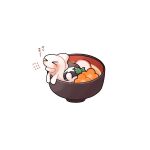  &gt;_&lt; blush bowl closed_eyes commentary_request daifuku_(pokefuka_art) fish flying_sweatdrops food no_humans pokemon pokemon_(creature) simple_background tatsugiri white_background 