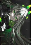  1girl adjusting_clothes animal_ears black_gloves black_jacket close_game/offline_(project_sekai) closed_mouth commentary gloves green_eyes green_gloves green_hair green_theme highres jacket kusanagi_nene light_particles long_hair long_sleeves looking_at_viewer low-tied_long_hair mechanical_ears project_sekai rabbit_ears shinonome_neko-tarou sideways smile solo two-tone_gloves very_long_hair 