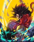  2boys angry arm_up baggy_pants bangs biceps black_hair body_fur bracer broly_(dragon_ball_z) clenched_teeth commentary_request debris dragon_ball dragon_ball_gt dragon_ball_z earrings energy fighting highres hoop_earrings jewelry kouji08250 long_hair male_focus monkey_tail multiple_boys muscular muscular_male no_pupils pants parted_bangs punching red_fur rock son_goku spiky_hair super_saiyan super_saiyan_4 tail teeth v-shaped_eyebrows white_pants yellow_background 