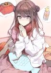  1girl blanket blush brown_hair double_bun hair_bun highres jacket kotatsu long_hair long_sleeves looking_at_viewer original own_hands_together pillow pink_eyes red_scarf scarf sitting slippers solo table thought_bubble wattaro white_jacket 