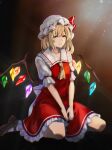  1girl ascot ayura8901 blonde_hair crystal flandre_scarlet full_body hat highres knees mob_cap puffy_sleeves red_eyes red_vest ribbon shoes short_sleeves sitting skirt solo touhou vest wariza wings yellow_ascot 