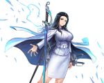  1girl absurdres bangs belt black_hair blue_eyes breasts cloak closed_mouth collared_shirt cowboy_shot highres invincible_dragon_(last_origin) large_breasts last_origin long_hair looking_at_viewer pencil_skirt shirt skirt solo soystar standing sword weapon white_background white_belt white_shirt white_skirt 