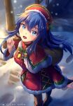  1girl :d absurdres adapted_costume artist_name blue_eyes blue_hair brown_pantyhose christmas cute dress fire_emblem fire_emblem:_the_binding_blade fire_emblem_heroes from_above fur-trimmed_dress fur_trim hat highres intelligent_systems light_particles lilina_(fire_emblem) long_hair long_sleeves looking_at_viewer looking_up nintendo pantyhose red_dress ryo-suzuki sack santa_costume smile snow solo 