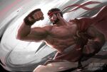  1boy abs artist_name beard black_hair brown_gloves clenched_hands closed_mouth facial_hair fighting_stance gloves headband highres ianzhouart large_pectorals male_focus muscular muscular_male navel nipples pants pectorals red_headband ryu_(street_fighter) short_hair solo street_fighter street_fighter_6 white_pants 