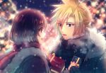  1boy 1girl bangs black_gloves black_hair blonde_hair blue_eyes blurry blurry_background breath christmas christmas_lights christmas_ornaments christmas_present christmas_tree cloud_strife coat couple earrings final_fantasy final_fantasy_vii gift gloves holding holding_gift jewelry long_hair looking_at_another minato_(ct_777) open_mouth outdoors red_eyes red_scarf scarf snow snowing spiky_hair sweater tifa_lockhart turtleneck turtleneck_sweater winter_clothes winter_coat 