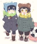  2boys 3a9uy aged_down alternate_costume animal_ear_headwear animal_ears bachira_meguru ball bangs bear_ears black_coat black_hair black_pants blonde_hair blue_eyes blue_headwear blue_lock blush boots bow breath brown_footwear brown_gloves brown_headwear buttons cat_ears child coat fake_animal_ears full_body gloves green_coat green_scarf hair_between_eyes hat highres holding holding_hands isagi_yoichi long_sleeves looking_at_viewer male_child male_focus multiple_boys open_mouth pants pants_tucked_in scarf short_hair simple_background smile soccer_ball standing white_background winter_clothes yellow_eyes yellow_scarf 