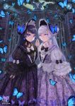  2girls absurdres bangs black_bow black_dress black_hair black_headwear black_vs_white blue_butterfly blue_eyes bonnet bow bug butterfly butterfly_hat_ornament dress earrings feet_out_of_frame flower_earrings frilled_sleeves frills full_moon gate gothic_lolita hat_ornament highres jewelry lace layered_sleeves light_particles lolita_fashion long_hair long_sleeves looking_at_viewer moon multiple_girls night original palms_together puffy_sleeves purple_lips sangatsu_(mitsuki358) skirt_hold skull smile violet_eyes white_bow white_dress white_hair white_headwear 